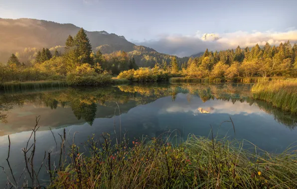 Картинка осень, трава, облака, пейзаж, горы, природа, леса, водоём