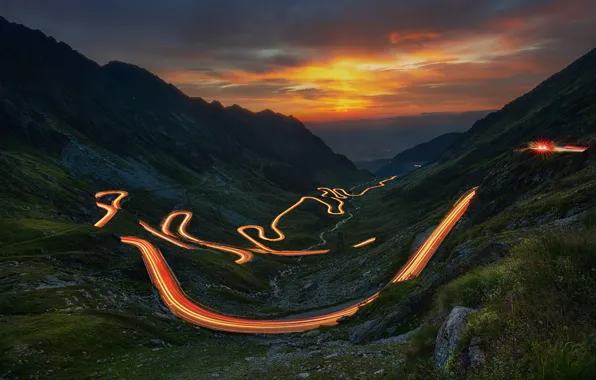 Закат, горы, вид, вечер, выдержка, серпантин, Romania, Краси Матаров