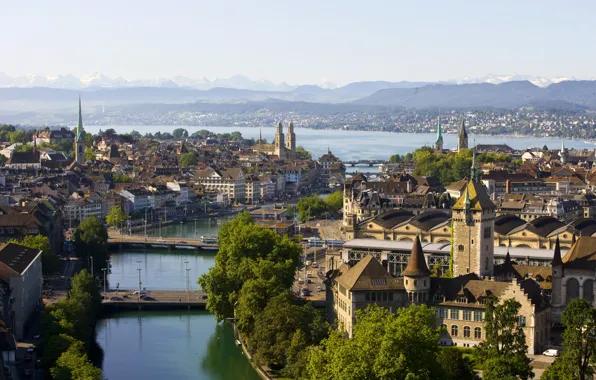 Пейзаж, горы, река, дома, Швейцария, канал, мосты, Zurich