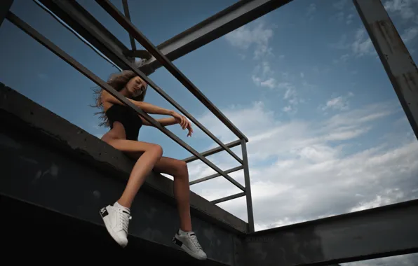Ass, sky, clouds, model, women, blonde, hips, sneakers