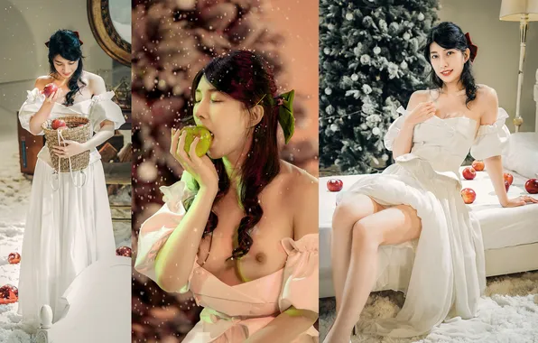 Apple, Beautiful, Asian, Model, Smile, Snow, Woman, Nude
