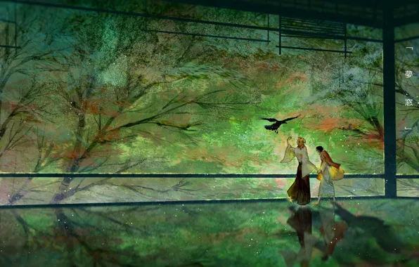 Деревья, птица, сад, парни, Клинок Рассекающий Демонов, Kyojuro Rengoku, Tanjirou Kamado, Yukinoneko