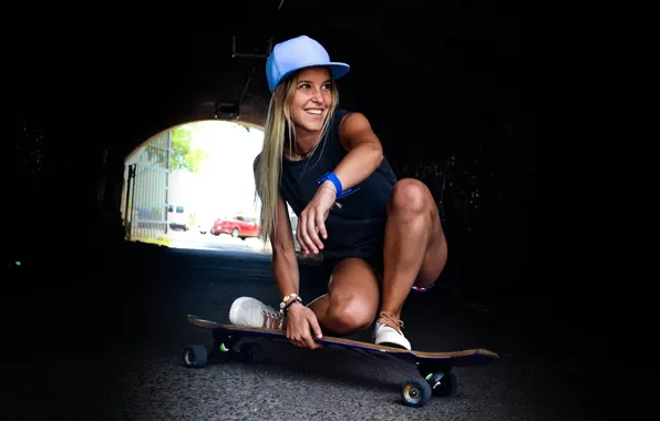 Girl, cute, skateboard, long-haired, baseball cap