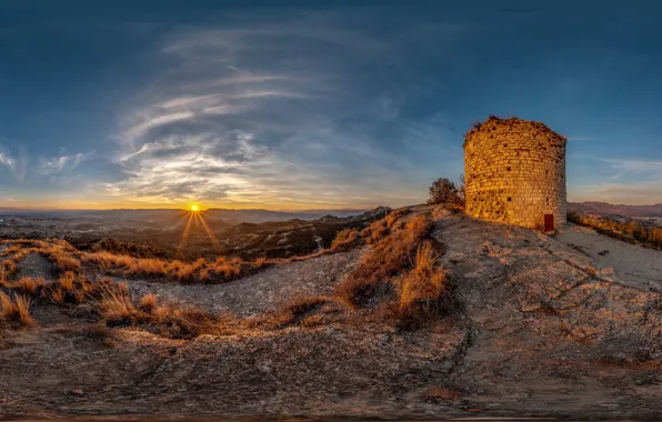 Картинка небо, солнце, лучи, рассвет, панорама, Испания, Castell de Torello