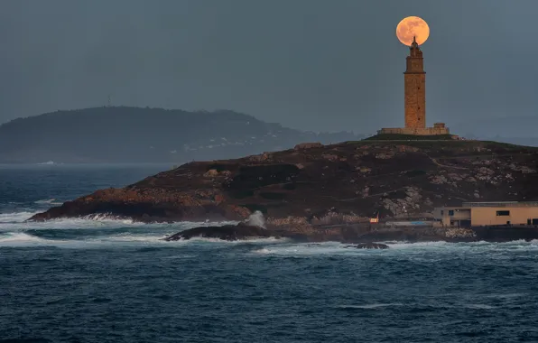 Картинка маяк, Луна, moon, lighthouse, Jose Liñeira Piñeiro