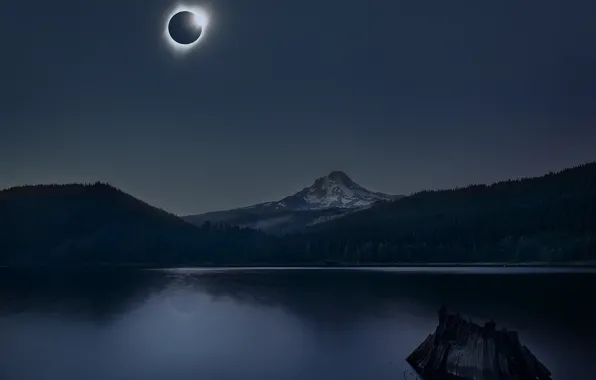 Картинка горы, озеро, Солнце, затмение, eclipse, mountains, lake, sun