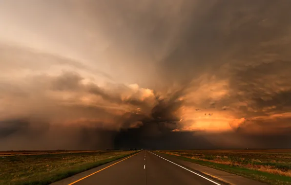 Дорога, закат, тучи, шторм, Колорадо, США