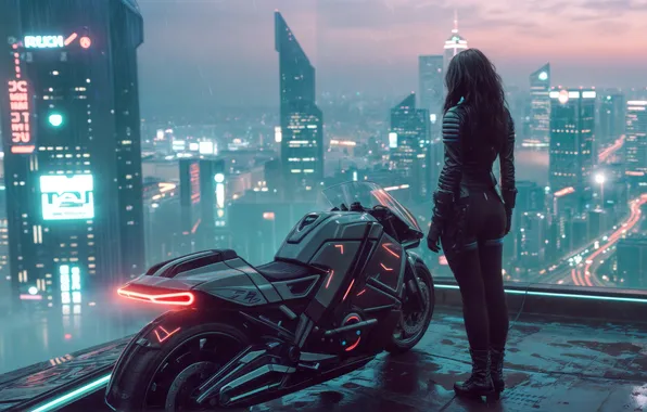 Картинка twilight, rain, motorcycle, neon, cyberpunk, women, cityscape, futuristic