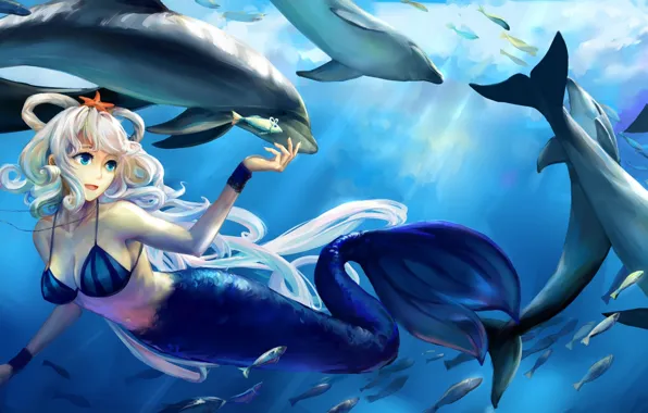 Девушка, рыбки, океан, звезда, русалка, медведь, арт, дельфины