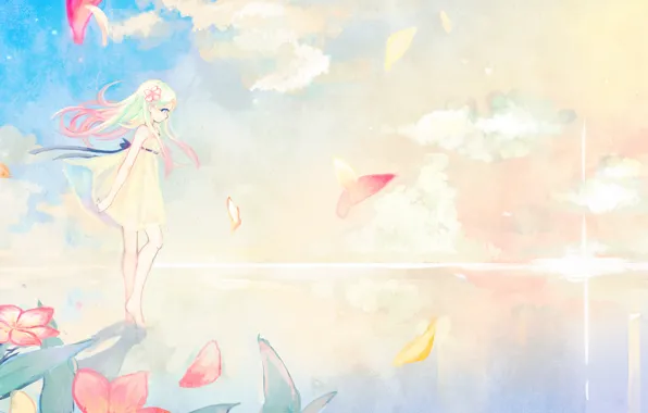 Картинка небо, вода, девушка, солнце, облака, цветы, аниме, лепестки