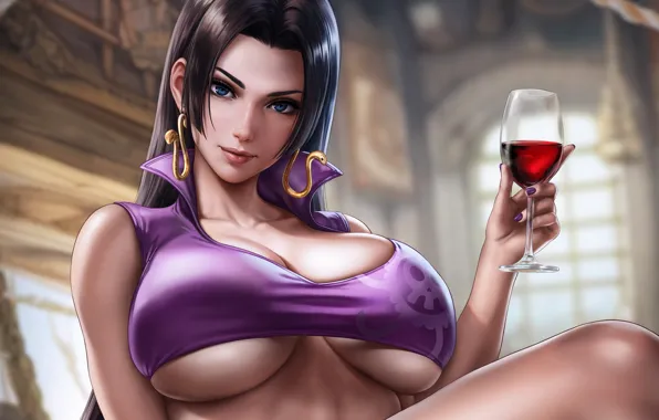 Girl, One Piece, Glass, Wine, Dandonfuga