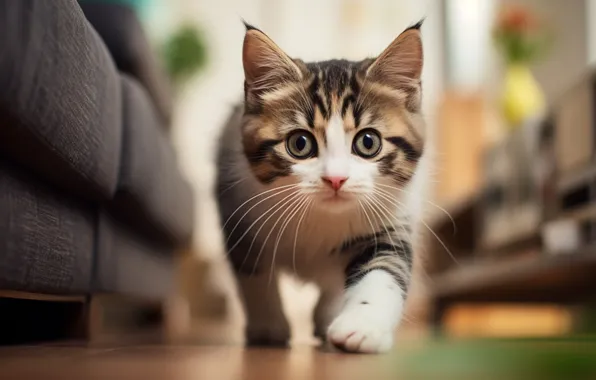 Кошка, взгляд, поза, котенок, комната, диван, мордашка, полосатый