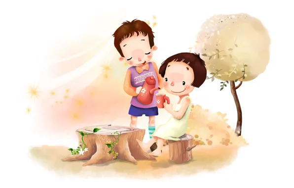 Картинка цветы, детство, дерево, ветер, листва, рисунок, позитив, мальчик
