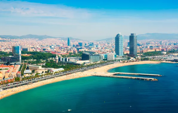 City, beach, coast, barcelona, aerial, coastline, barceloneta, dwelling