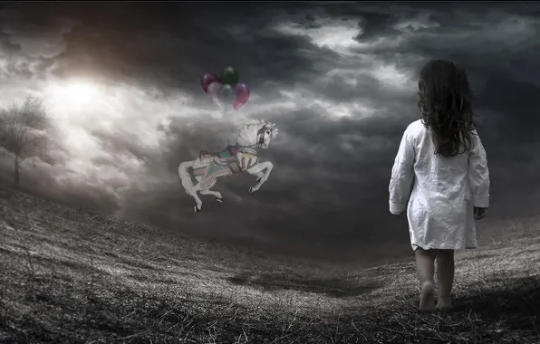 Dark, photomanipulation, child, Horse, Balloons