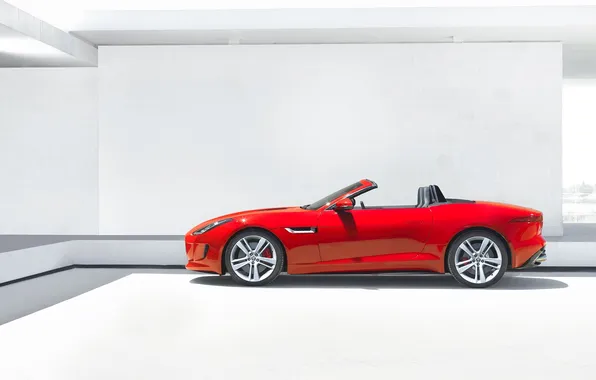 Картинка Jaguar, Красный, Кабриолет, Спорткар, F-Type, Вид сбоку