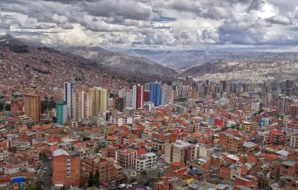 Mountains, houses, Bolivia, La Paz, dense area, High density area, high altitude