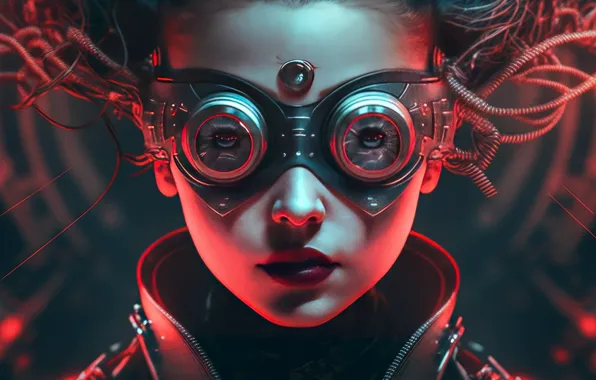 Картинка wires, женское лицо, glasses, cyberpunk, blurred background, линзы, female face, андроид