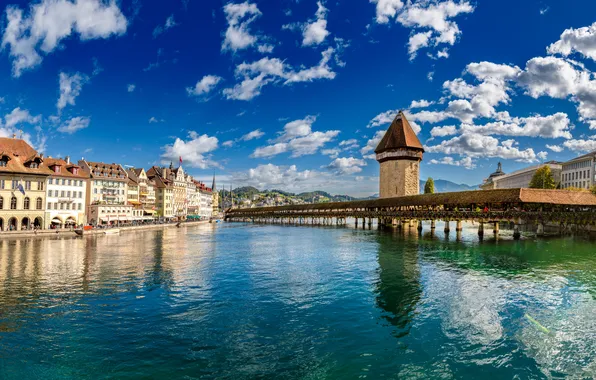 Картинка Дома, Башня, Озеро, Швейцария, Панорама, Luzern