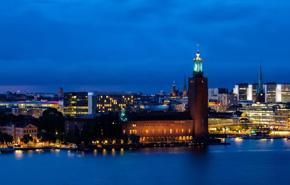 Фото, Ночь, Башня, Город, Стокгольм, Швеция