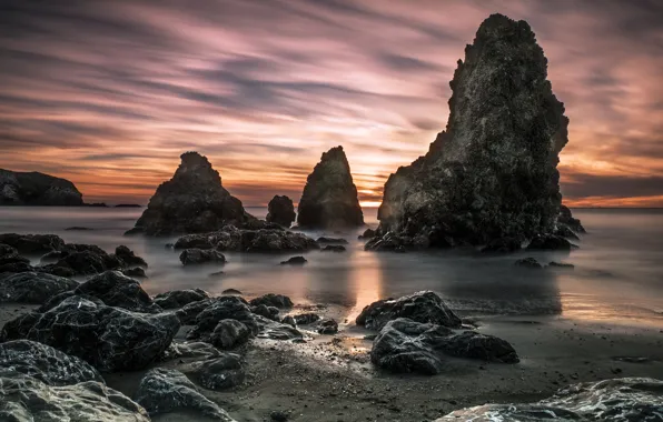 Картинка пейзаж, закат, природа, камни, океан, скалы, Калифорния, США
