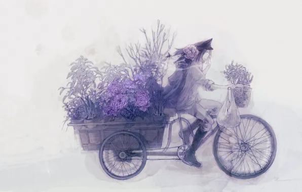 Цветы, велосипед, аниме, тележка, парень