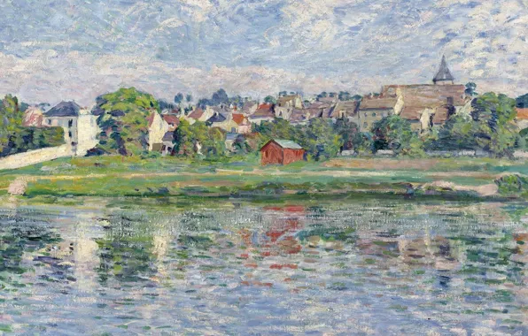 Картинка пейзаж, город, река, дома, картина, Анри Лебаск, Lagny, the Banks of the Marne