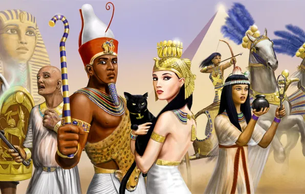 Картинка кошка, девушки, кони, колесница, воин, арт, пирамида, фараон