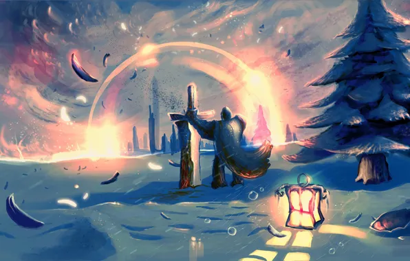 Картинка снег, меч, перья, воин, арт, фонарь