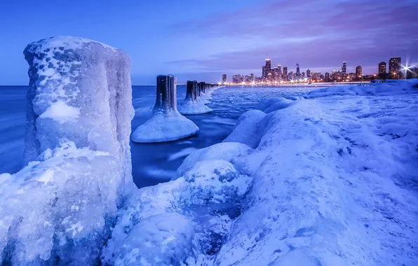 Картинка лед, зима, снег, ночь, огни, Чикаго