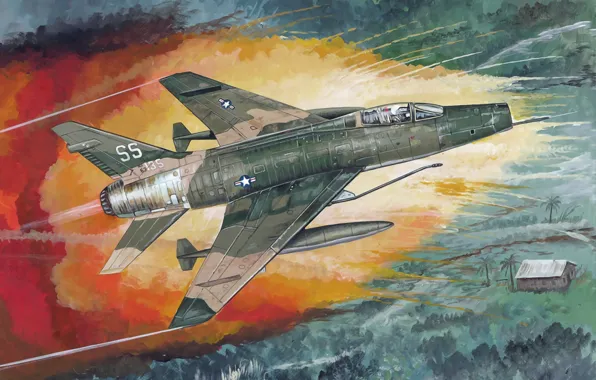 Картинка war, art, painting, aviation, vietnam war, F-100 Super Sabre, american jet