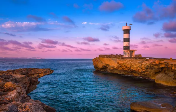 Картинка sky, sea, landscape, nature, sunset, rocks, bay, Lighthouse