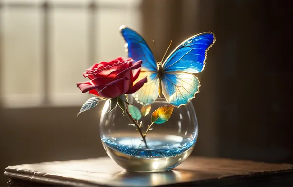Wallpaper, Rose, picture, Vase, Butterfly