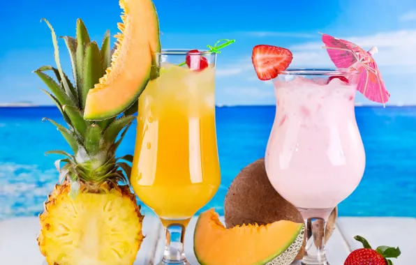 Море, клубника, коктейль, фрукты, ананас, fresh, drink, cocktail