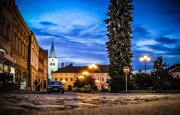 Картинка город, дома, вечер, Чехия, фонари, Валашске-Мезиржичи