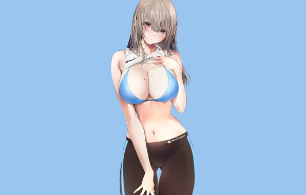 Girl, wet, boobs, blue, anime, cute, bikini, sweat