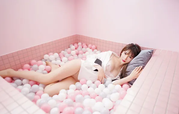Взгляд, брюнетка, подушка, азиатка, милашка, asian, cutie, asian girls