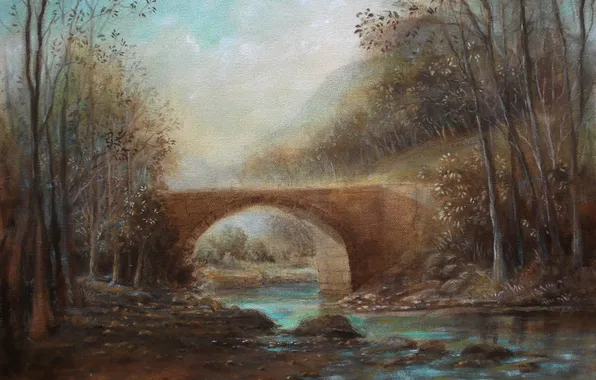 Картинка деревья, мост, река, арт