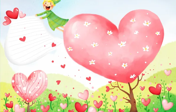 Картинка цветы, эльф, сердечки, полёт, детские обои