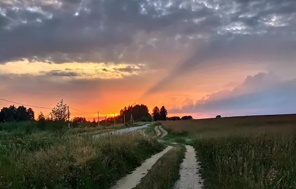Картинка дорога, пейзаж, закат, природа, деревня, Кострома