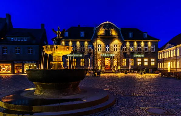 Ночь, огни, дома, Германия, площадь, фонтан, Goslar