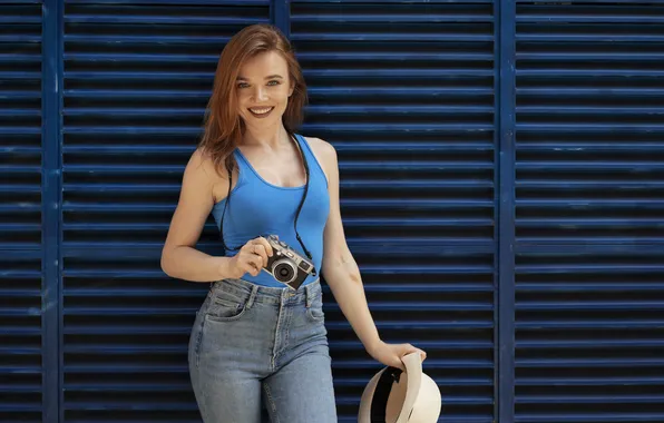 Girl, hat, camera, model, jeans, cute, T-shirt