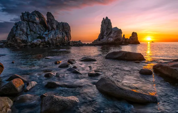 Картинка море, закат, скалы, берег, вечер