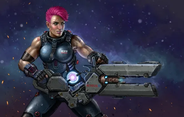 Девушка, оружие, art, мститель, Overwatch, Aleksandra Zaryanova, Zarya