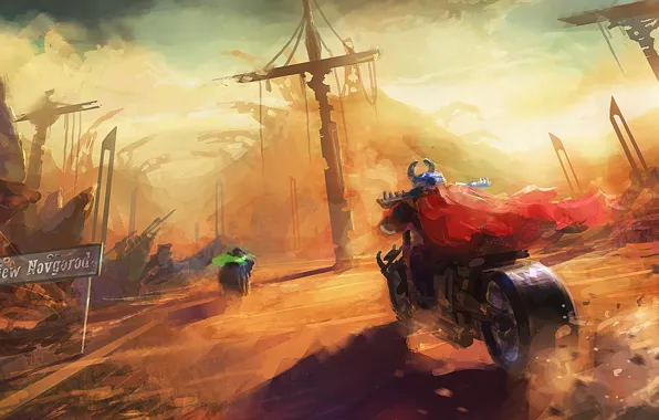 Future, плащ, art, russia, motorbike, vikings, postapocalypse, new novgorod