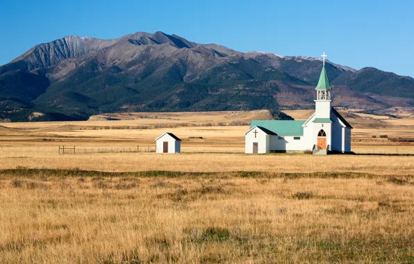 Картинка поле, небо, горы, церковь, сельская местность