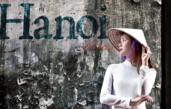 Картинка девушка, лицо, стиль, фон, шляпа, платье, азиатка