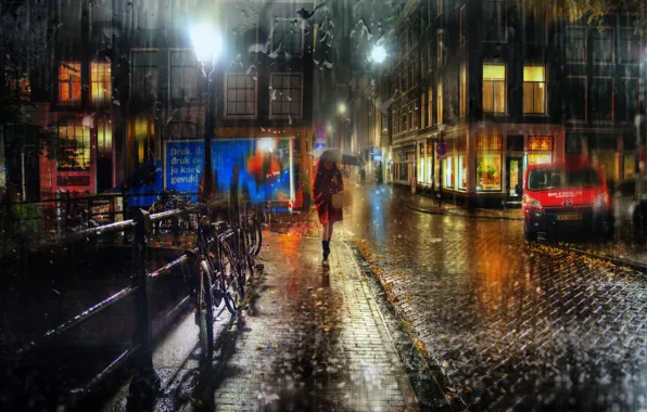 Картинка машина, город, дождь, женщина, здания, дома, освещение, Амстердам