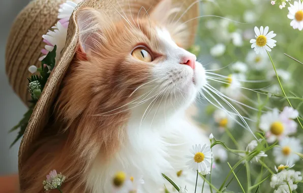 Зелень, кошка, лето, кот, усы, взгляд, цветы, природа