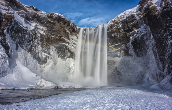 Картинка зима, небо, снег, горы, водопад, радуга, Исландия